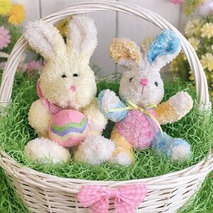 Vintage Easter Plush Bunny Pair Pastel Spring Decor Stuffed Rabbits